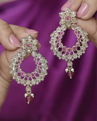 Inspired pear and flower design gold plated ruby kundan stone chandelier earring for women and girls 1