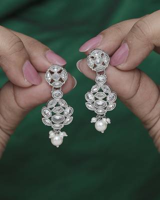 Lavish round shape silver plated white pearl kundan stone dangle earring for women and girls 1