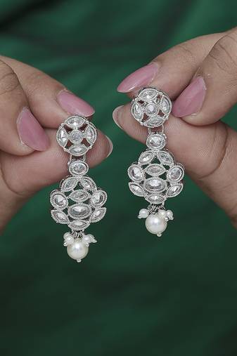 Lavish round shape silver plated white pearl kundan stone dangle earring for women and girls