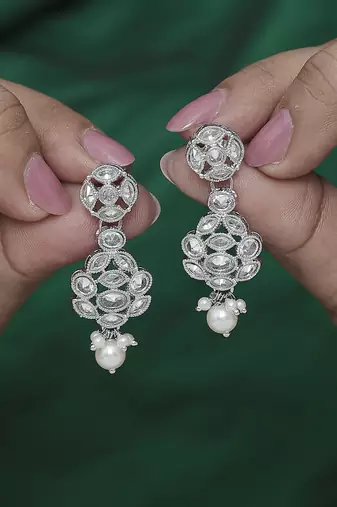 Lavish round shape silver plated white pearl kundan stone dangle earring for women and girls