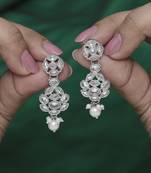 Lavish round shape silver plated white pearl kundan stone dangle earring for women and girls
