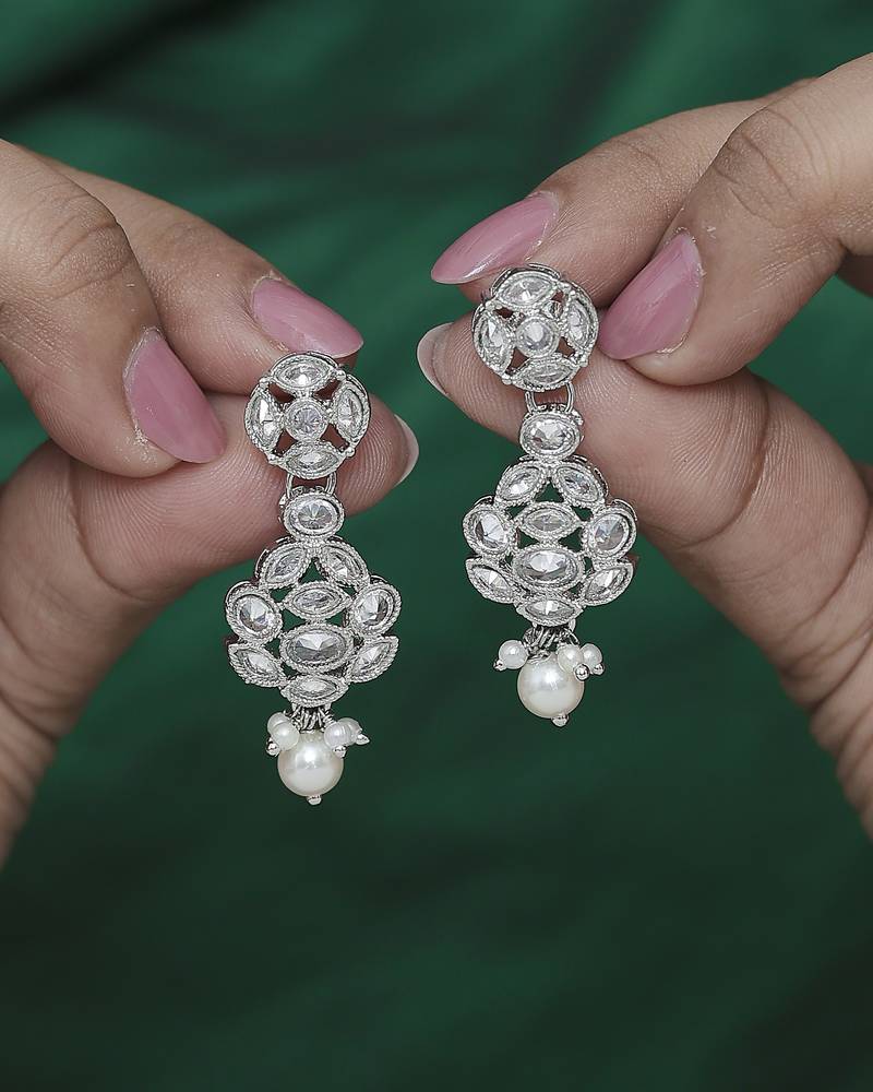 Lavish round shape silver plated white pearl kundan stone dangle earring for women and girls