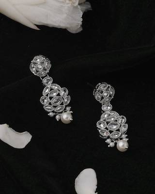 Lavish round shape silver plated white pearl kundan stone dangle earring for women and girls 2