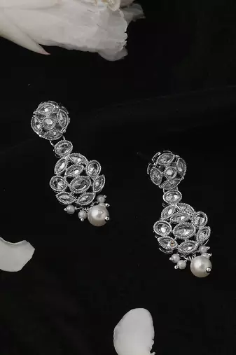 Lavish round shape silver plated white pearl kundan stone dangle earring for women and girls