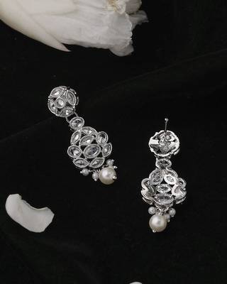 Lavish round shape silver plated white pearl kundan stone dangle earring for women and girls 3