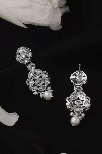 Lavish round shape silver plated white pearl kundan stone dangle earring for women and girls