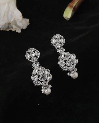 Lavish round shape silver plated white pearl kundan stone dangle earring for women and girls 4