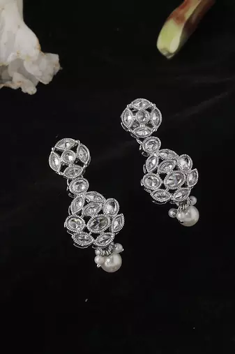 Lavish round shape silver plated white pearl kundan stone dangle earring for women and girls