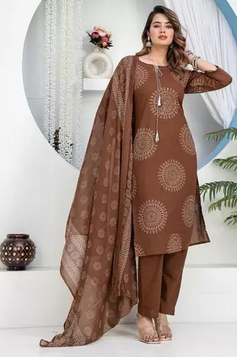 Cotton cambric  straight  kurti-pant-dupatta  set