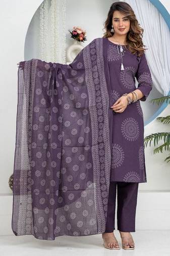 Cotton cambric  straight  kurti-pant-dupatta  set