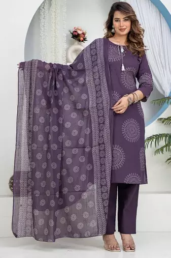 Cotton cambric  straight  kurti-pant-dupatta  set