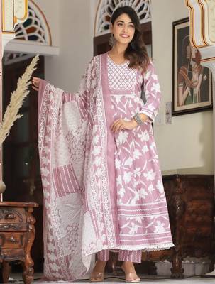 Cotton cambric printed anarkali kurti-pant-dupatta  set 1