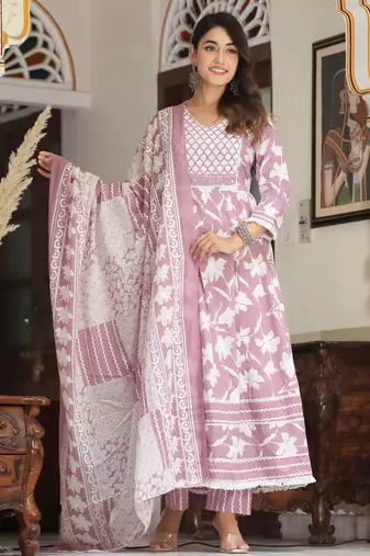 Cotton cambric printed anarkali kurti-pant-dupatta  set
