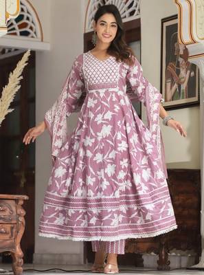 Cotton cambric printed anarkali kurti-pant-dupatta  set 2