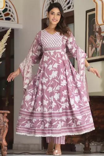 Cotton cambric printed anarkali kurti-pant-dupatta  set