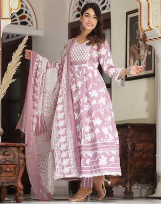 Cotton cambric printed anarkali kurti-pant-dupatta  set 3