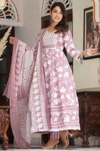Cotton cambric printed anarkali kurti-pant-dupatta  set