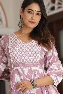Cotton cambric printed anarkali kurti-pant-dupatta  set 4