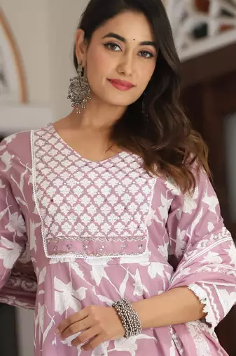 Cotton cambric printed anarkali kurti-pant-dupatta  set