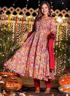 Cotton mulmul full-flare anarkali kurti-pant-dupatta  set 2