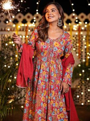 Cotton mulmul full-flare anarkali kurti-pant-dupatta  set 3