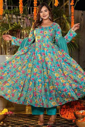 Cotton mulmul full-flare anarkali kurti-pant-dupatta  set