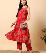 Women maroon rayon god printed & hand embroidery work kurta with trousers set