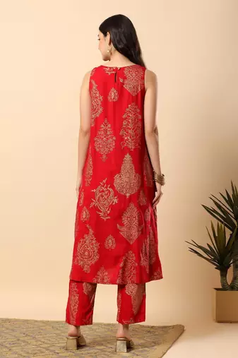 Women maroon rayon god printed & hand embroidery work kurta with trousers set
