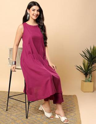 Women purple cotton flex solid & hand embroidery work kurta with trousers set 1