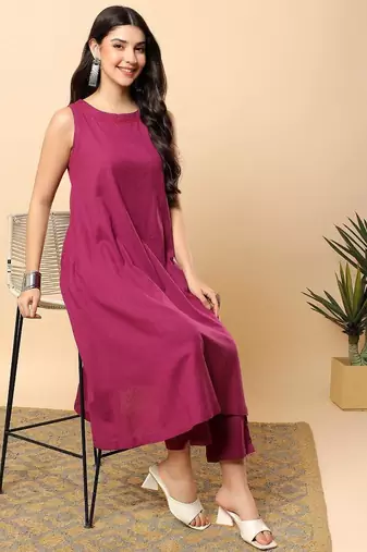 Women purple cotton flex solid & hand embroidery work kurta with trousers set