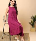 Women purple cotton flex solid & hand embroidery work kurta with trousers set