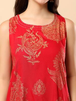 Women maroon rayon god printed & hand embroidery work kurta with trousers set 4