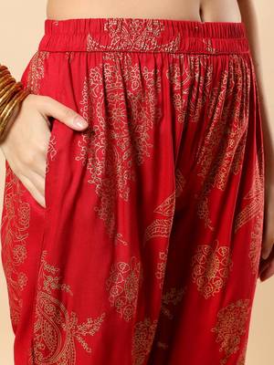 Women maroon rayon god printed & hand embroidery work kurta with trousers set 5