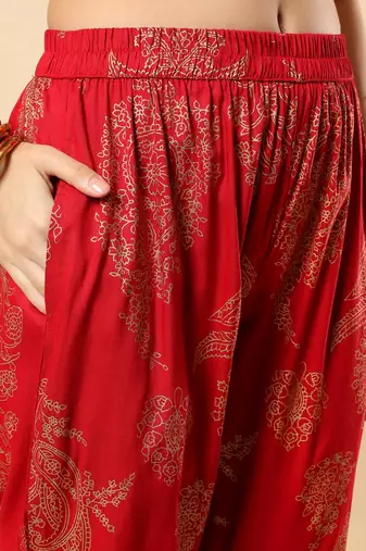 Women maroon rayon god printed & hand embroidery work kurta with trousers set