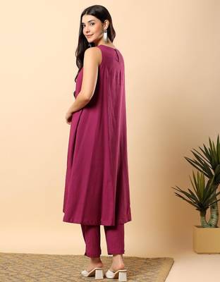Women purple cotton flex solid & hand embroidery work kurta with trousers set 3