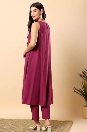 Women purple cotton flex solid & hand embroidery work kurta with trousers set