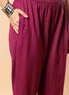 Women purple cotton flex solid & hand embroidery work kurta with trousers set 5