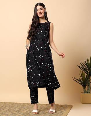 Women black rayon printed & hand embroidery work kurta with trousers set 1
