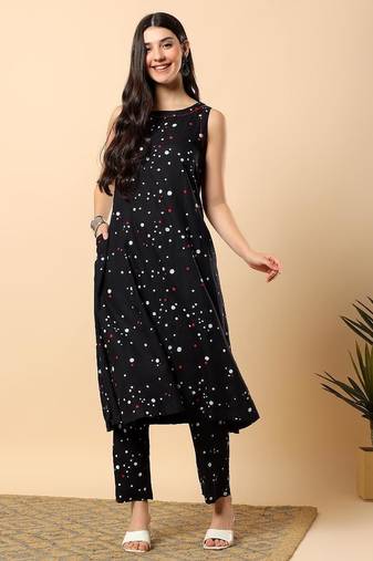 Women black rayon printed & hand embroidery work kurta with trousers set