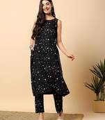 Women black rayon printed & hand embroidery work kurta with trousers set