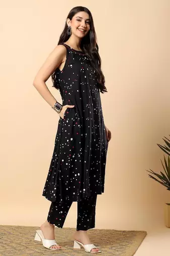 Women black rayon printed & hand embroidery work kurta with trousers set