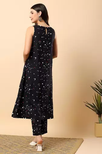Women black rayon printed & hand embroidery work kurta with trousers set