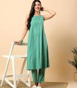 Women sea green cotton flex solid & hand embroidery work kurta with trousers set
