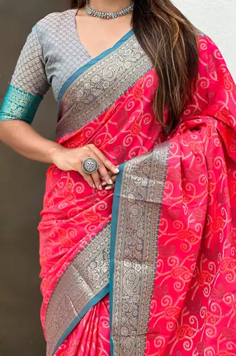 Soft silk zari woven bandhani patola saree with contrast weaves