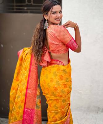 Soft silk zari woven bandhani patola saree with contrast weaves 4