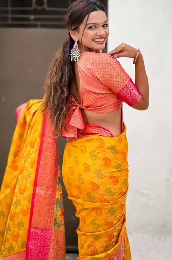 Soft silk zari woven bandhani patola saree with contrast weaves