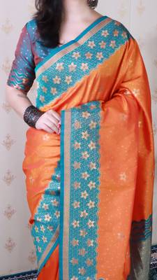 Soft silk banarasi wavy unique zari woven saree 3