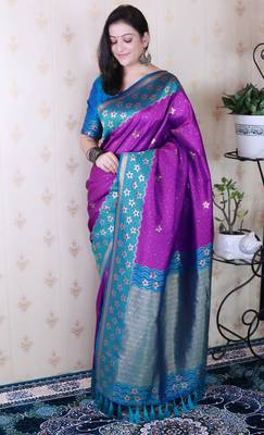 Soft silk banarasi wavy unique zari woven saree 4