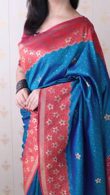 Soft silk banarasi wavy unique zari woven saree 4
