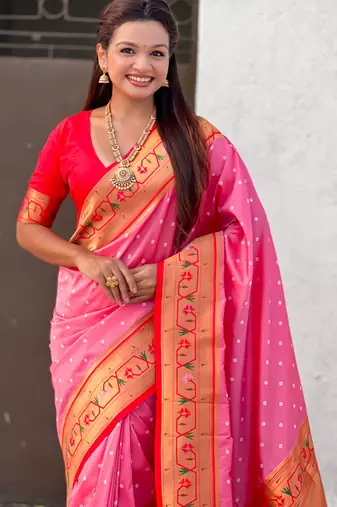 Woven bandhani paithani fusion silk saree